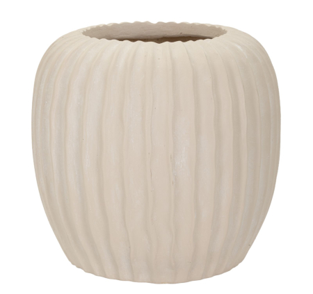 Colectia noua - Vază decorativă rotundă bej cu caneluri verticale line, margine zimțată fin și interior brun adânc