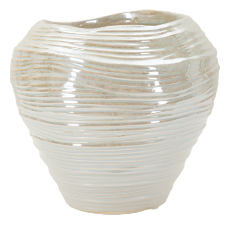 Vaze - Vază decorativă rotundă din ceramică alb perlat cu striuri fine, gură ondulată și interior bej