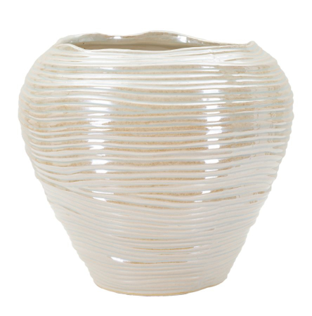 Vaze - Vază decorativă rotundă din ceramică alb perlat cu striuri orizontale și gură ondulată
