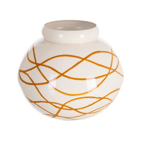 Obiecte decorative - Vază decorativă rotundă din metal alb cu linii muștar