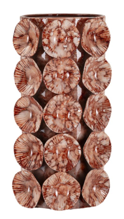 Vaze - Vază decorativă teracotă cu discuri striate în relief, pete albe și interior maro închis