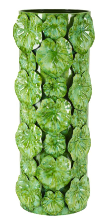 Vaze - Vază decorativă verde cu frunze de nufăr în relief pe corp cilindric lucios