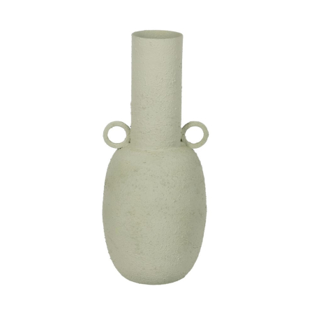 Boho - Vază din metal verde deschis cu două toarte inelare și gât lung în formă ovoidă de 46 cm