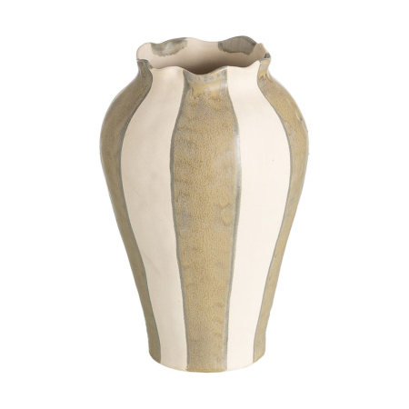 Obiecte decorative in Stil Mediteranean - Vază din ceramică cu dungi crem și verde măsliniu cu buză ondulată și umeri rotunjiți