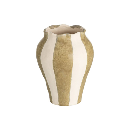 Obiecte decorative in Stil Mediteranean - Vază din ceramică cu dungi crem și verde măsliniu cu gură ondulată și corp de amforă