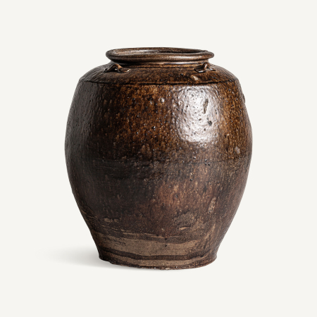 Obiecte decorative in Stil Colonial - Vază bombată din ceramică glazurată maro închis, cu buză răsfrântă, mici toarte-buclă și dungi la bază