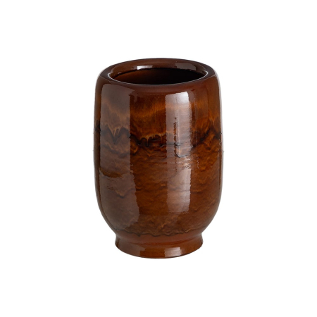 Rustic - Vază din ceramică maro lucioasă cu glazură cu scurgeri întunecate și picior inelar