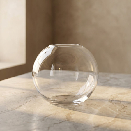 Obiecte decorative in Stil Minimalist - Vază din sticlă transparentă cu formă rotundă și deschidere îngustă