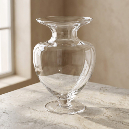 Obiecte decorative in Stil Contemporan - Vază din sticlă transparentă cu picior scurt și corp fațetat cu buza evazată pe marmură
