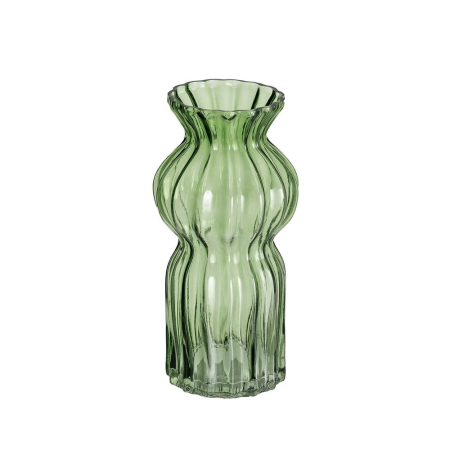 Obiecte decorative - Vaza din sticla verde tip clepsidra cu margine ondulata