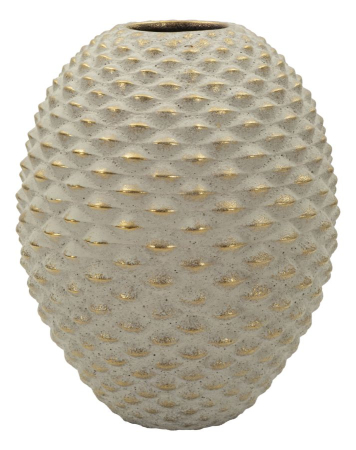 Titlu imagine principală: Vază gri și auriu din ceramică cu formă sferică și textură reliefată 23.5x28.5 cm