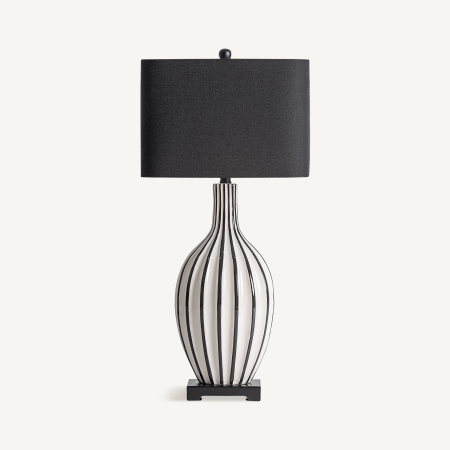 Iluminat in Stil Clasic - Veioză din ceramică albă lucioasă cu dungi negre verticale, soclu negru și abajur oval negru