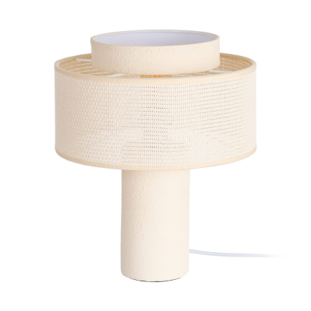 Iluminat in Stil Japandi - Veioză din ceramică crem cu abajur dublu texturat tip ratan