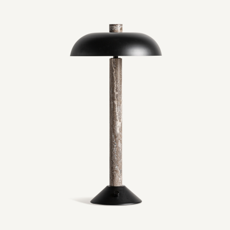Stil de design - Veioză cu coloană din marmură gri, abajur-cupolă negru mat și bază conică din metal