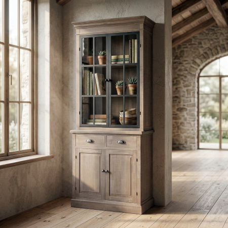 Vitrine - Vitrină din lemn de pin cu aspect natural cu usi metal negru si sticla