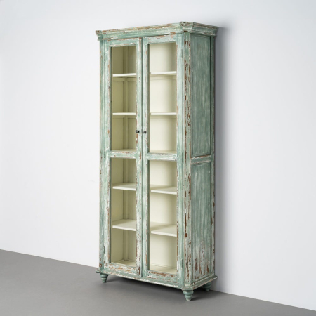 Vitrine - Vitrină din lemn reciclat verde antichizat cu usi din sticla 101x44x216 cm