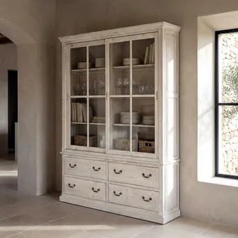 Biblioteca, Rafturi, Vitrine - Vitrină din lemn de pin alb patinat cu sticlă