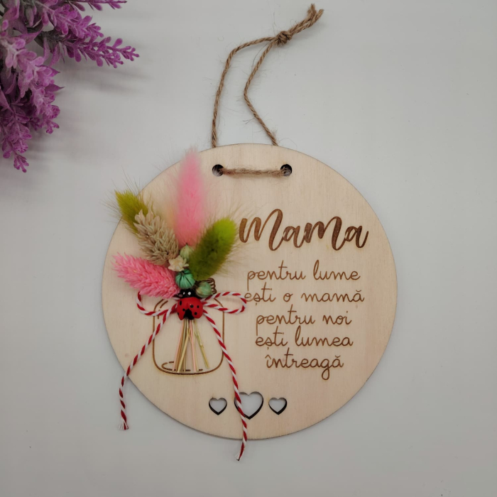 Decoratiune din lemn cu flori uscate, 13cm [3]