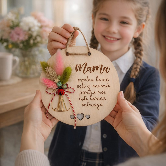 Decoratiune din lemn cu flori uscate, 13cm [4]