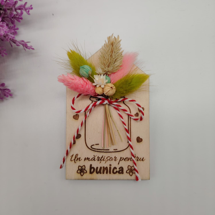 Decoratiune din lemn cu flori uscate, magnet, 9x5.5cm [2]