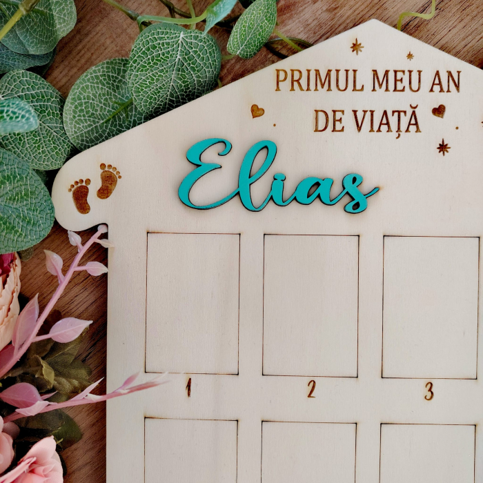 Decoratiune din lemn Primul Meu An, personalizabila, cu suport si agatatoare, 29x34cm [4]