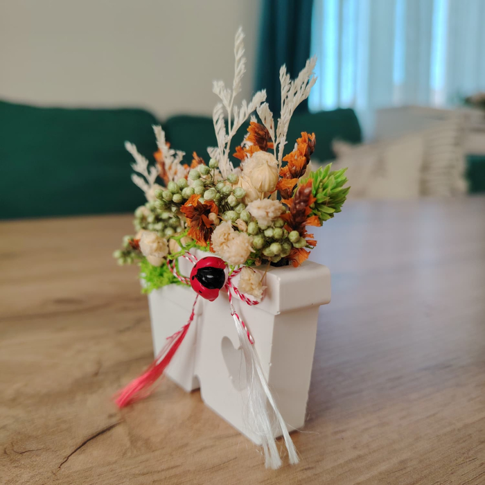 Decoratiune din praf ceramic Ghiveci, cu flori uscate, snur, cutie, 8.5x5.3cm [2]