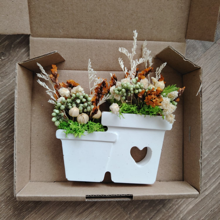 Decoratiune din praf ceramic Ghiveci, cu flori uscate, snur, cutie, 8.5x5.3cm [3]