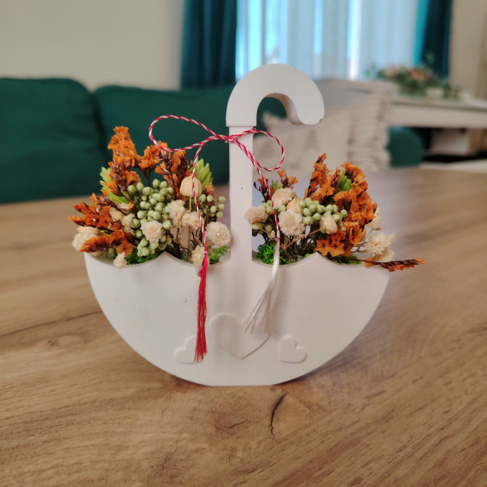 Decoratiune din praf ceramic Umbrela, cu flori uscate, snur, cutie, 11x11.5cm [3]