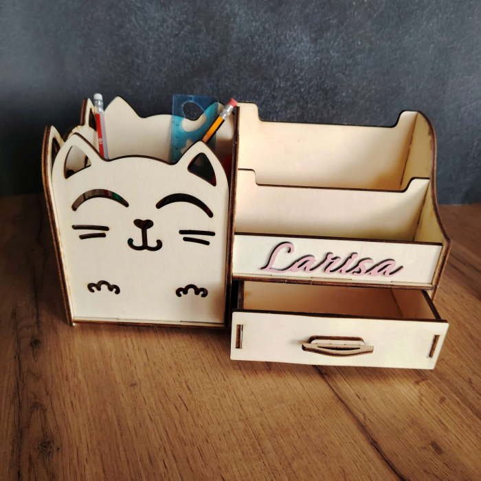 Organizator birou model Pisica, lemn, personalizabil 28x12x16cm [2]