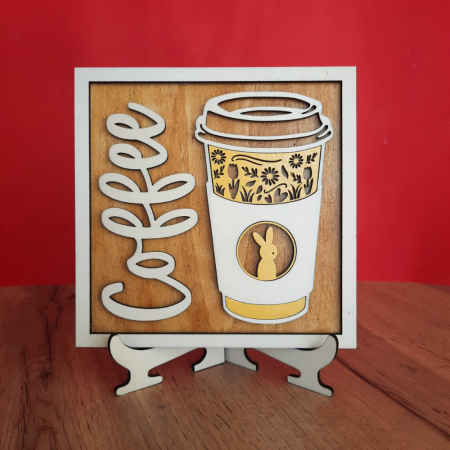 TABLOURI SI FOTOGRAVURA - Decoratiune din lemn Pahar Cafea, 17x17cm, cu suport