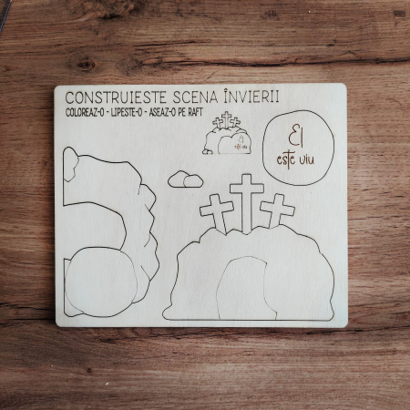 PENTRU COPII SI CRAFTURI - Placheta din lemn Scena Invierii, Pasti, 21.8x18cm