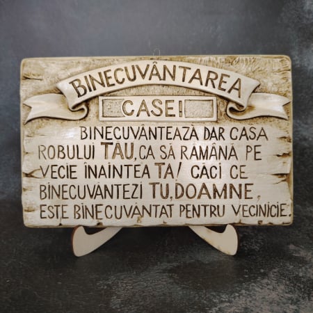 Decoratiuni diverse - Decoratiune din ipsos Binecuvantarea Casei, cu agatatoare si suport lemn, 25x16cm