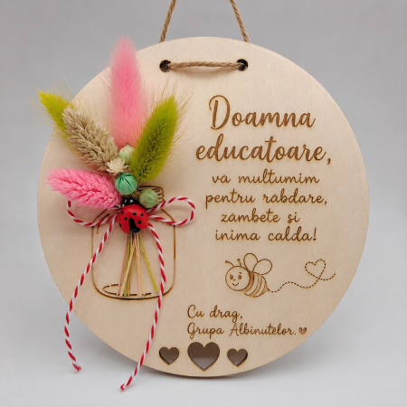 PRODUSE DIN LEMN - Decoratiune din lemn cu flori uscate, 13cm