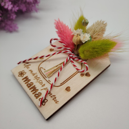 Decoratiune din lemn cu flori uscate, magnet, 9x5.5cm [2]