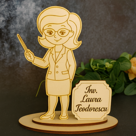 DECORATIUNI PENTRU BIROU - Decoratiune din lemn Doamna Invatatoare, personalizabila, 18x17cm