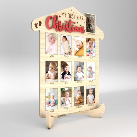TABLOURI SI FOTOGRAVURA - Decoratiune din lemn Primul Meu An, personalizabila, cu suport si agatatoare, 29x34cm
