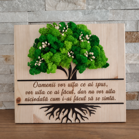 Decoratiune din lemn si MDF Copacul vietii cu licheni, personalizabil, 30x26cm