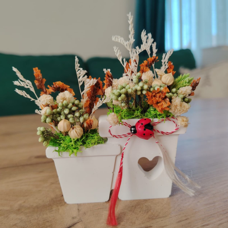 Decoratiuni diverse - Decoratiune din praf ceramic Ghiveci, cu flori uscate, snur, cutie, 8.5x5.3cm