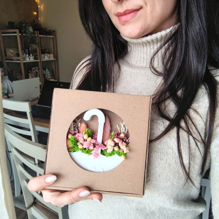 Decoratiune din praf ceramic Umbrela, cu flori uscate, snur, cutie, 11x11.5cm [6]