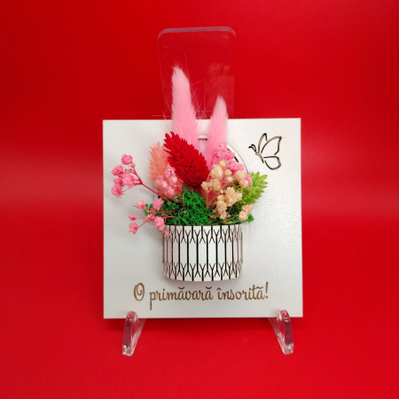 Nunta - Decoratiune martisor din mdf cu flori uscate, cu magnet, 10x10cm