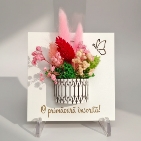 Decoratiune martisor din mdf cu flori uscate, cu magnet, 10x10cm