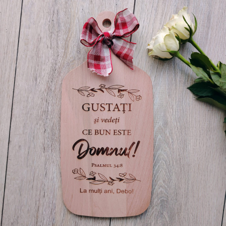 DECORATIUNI PENTRU BIROU - Decoratiune Tocator din lemn Psalmul 35:8, personalizabil, cu panglica, 35x16cm