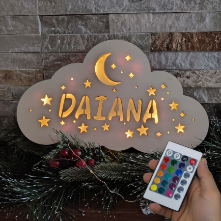 PENTRU COPII SI CRAFTURI - Lampa de veghe din lemn, banda led, telecomanda, baterii, personalizabila