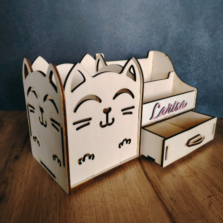 Organizator birou model Pisica, lemn, personalizabil 28x12x16cm [2]