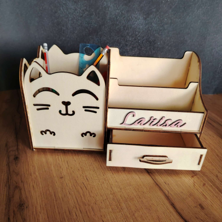 Organizator birou model Pisica, lemn, personalizabil 28x12x16cm [1]