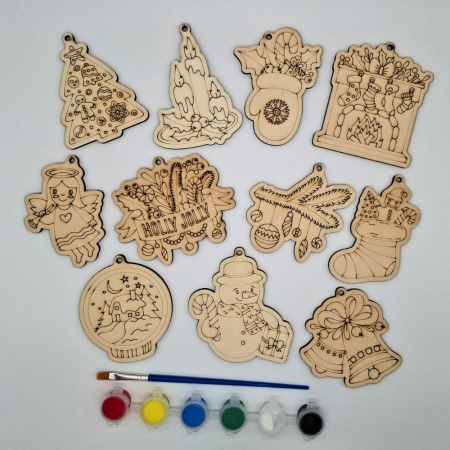 PENTRU COPII SI CRAFTURI - Pachet Creativ de Iarnă cu 11 figurine din lemn si culori