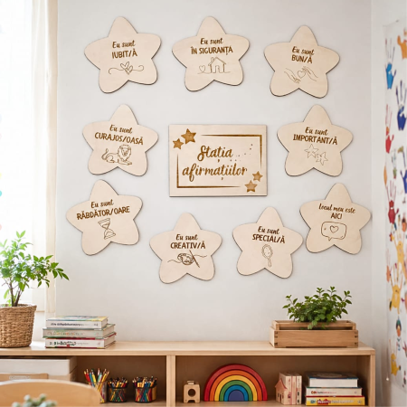 PENTRU COPII SI CRAFTURI - Set 10 piese din lemn Statia Afirmatiilor, pentru gradinita, 18x18cm
