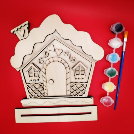 PENTRU COPII SI CRAFTURI - Set creativ din lemn Casuta Turta Dulce, 24 piese, set culori, 19x19.5cm