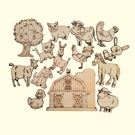 PENTRU COPII SI CRAFTURI - Set creativ din lemn Ferma Animalelor 14 piese