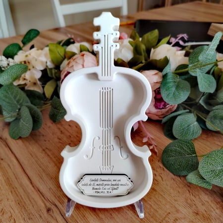Decoratiuni diverse - Vioara din praf ceramic, placheta cu verset, suport de masa, 20x9.5cm